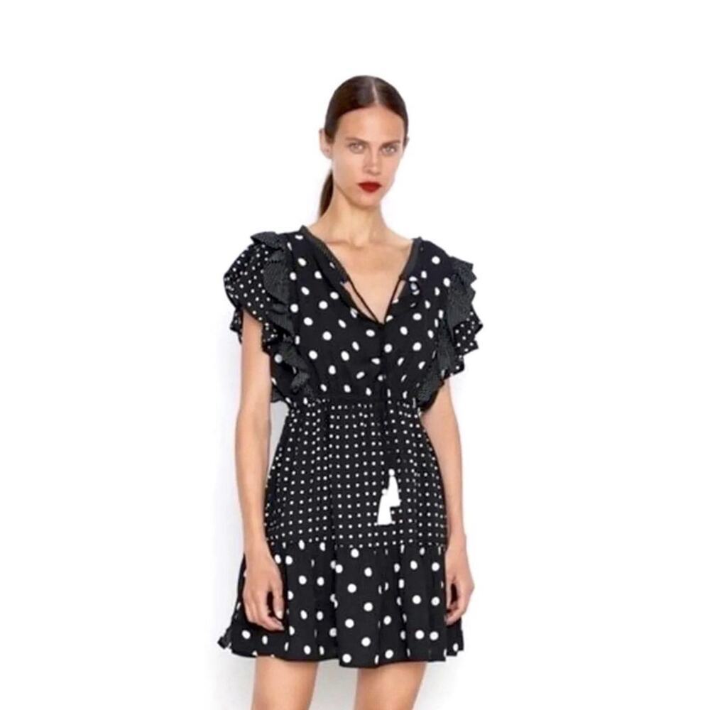 Zara Polka Dot Mini Dress Black White Ruffle Sleeve V-Neck Boho Summer Tassel XS